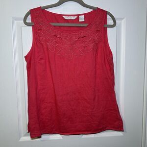 Tweeds Tank Top Women's Large Pink Linen Floral Embroidered Zip Side Square Neck